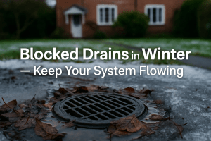 A drainage engineer in Bournemouth clearing a blocked outdoor drain during winter with visible water runoff and autumn leaves, representing professional winter drain maintenance.