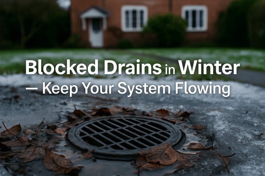 A drainage engineer in Bournemouth clearing a blocked outdoor drain during winter with visible water runoff and autumn leaves, representing professional winter drain maintenance.