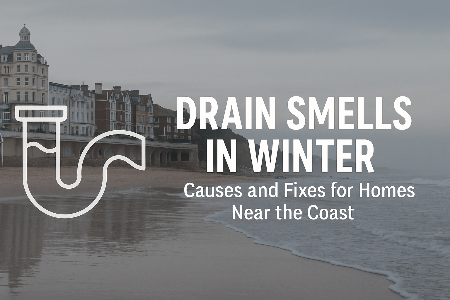 A drainage engineer in Bournemouth inspecting a coastal home drain during winter, showing steam and cold conditions near a driveway — illustrating solutions for winter drain smells.