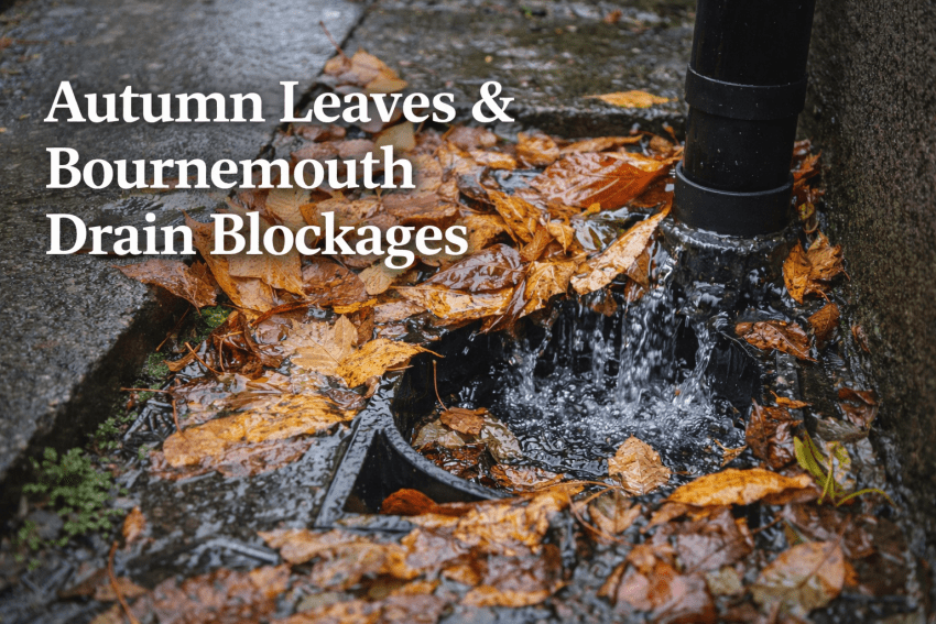 Blocked outdoor drain in Bournemouth filled with wet autumn leaves causing surface water overflow and drainage blockage