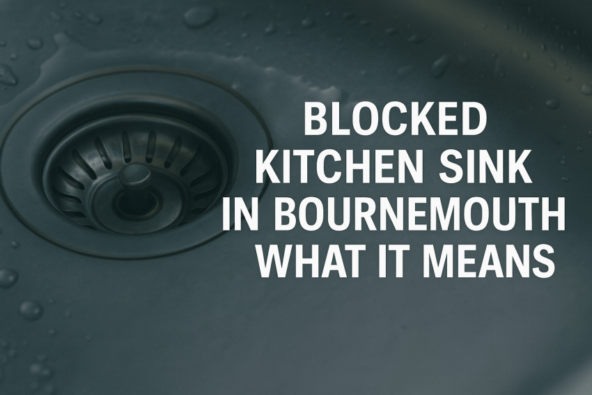 A high-resolution photograph showing a stainless steel kitchen sink with a blocked drain in Bournemouth. The image includes bold white uppercase text stating “Blocked Kitchen Sink in Bournemouth – What It Means.”