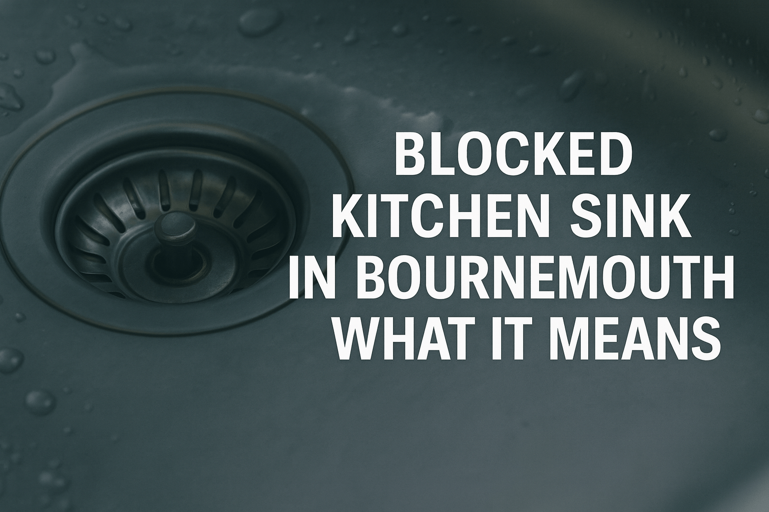 A high-resolution photograph showing a stainless steel kitchen sink with a blocked drain in Bournemouth. The image includes bold white uppercase text stating “Blocked Kitchen Sink in Bournemouth – What It Means.”