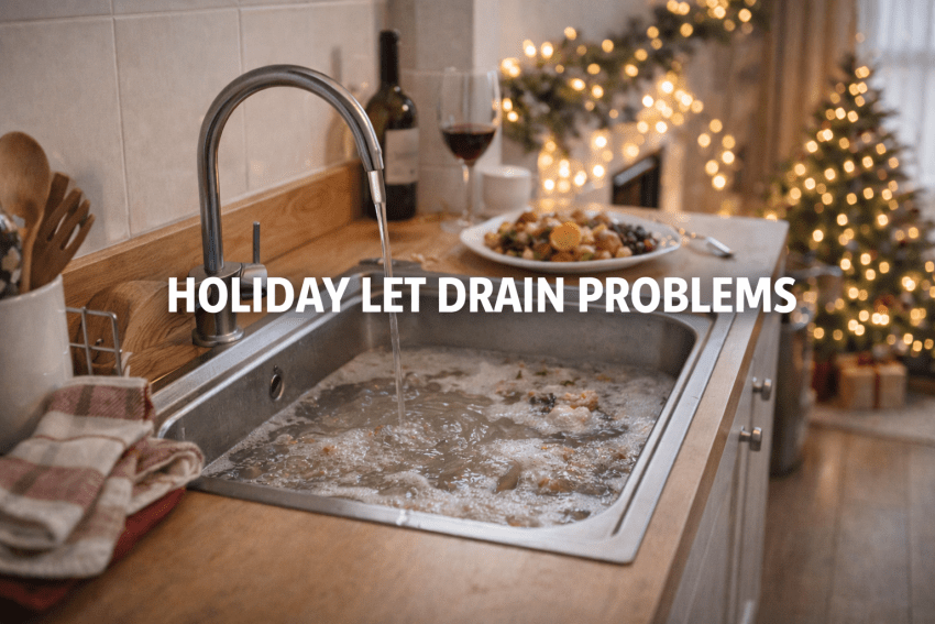Blocked kitchen sink in a UK holiday let during Christmas, showing festive cooking waste causing drain problems in a rental property