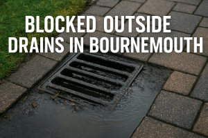 Water pooling around an outside drain in a Bournemouth garden showing early signs of blockage.