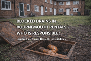 Open drainage inspection chamber outside a multiple-occupancy rental property in Bournemouth, showing blocked drains and shared drainage responsibility