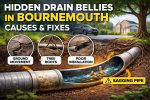 Illustration showing a sagging underground drain pipe belly with debris buildup, ground movement and tree root pressure in Bournemouth drainage system