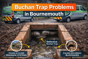 Buchan trap problems in Bournemouth showing debris buildup and restricted flow in an older drainage system inspected by Drains24