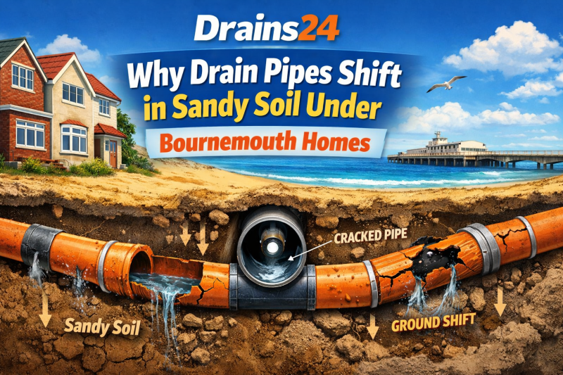 Illustration showing drain pipes shifting and cracking in sandy soil beneath a Bournemouth home, identified during inspection by Drains24