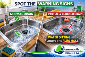 Split image showing normal draining sink compared to partially blocked drain with water pooling in Bournemouth home