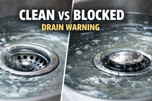 Kitchen sink with slow draining water above plug showing need for regular drain cleaning in Bournemouth