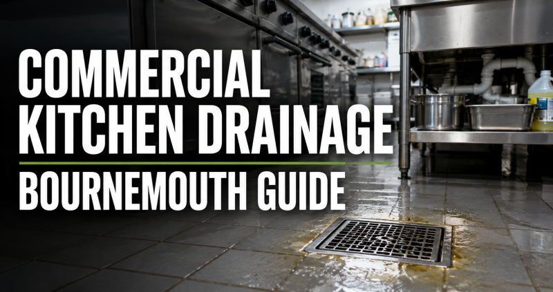 Commercial kitchen drainage in Bournemouth restaurant showing stainless steel sink area and drain maintenance issue