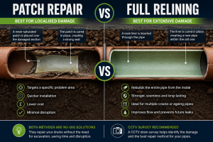 Underground drain pipe comparison showing patch repair and full drain relining methods in Bournemouth