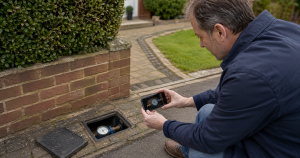 Homeowner photographing a domestic water meter at a Bournemouth property to check for a possible underground supply pipe leak.