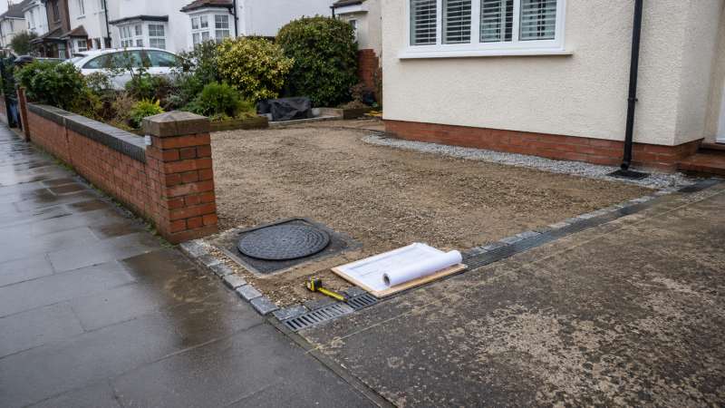 Bournemouth driveway with wet paving, channel drain, inspection chamber and surface water showing drainage checks before paving.