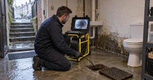 Drainage engineer checking the cause of basement flooding in Portsmouth after heavy rain