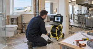 Drainage engineer using CCTV survey equipment during a Bournemouth hotel refurbishment before bathrooms and kitchens are moved.