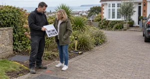 Drainage engineer reviews CCTV evidence and the position of a proposed drain excavation with a Bournemouth homeowner.