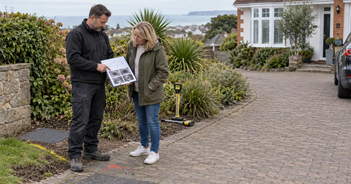 Drainage engineer reviews CCTV evidence and the position of a proposed drain excavation with a Bournemouth homeowner.